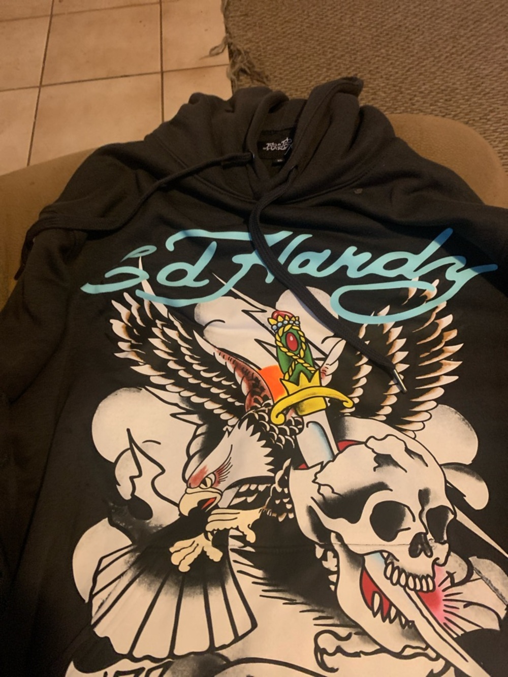 Ed Hardy Black Zip-Up Hoodie with Multicolor Eagle & Skull Graphic